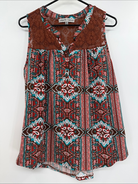 Absolutely Famous Tops - Absolutely Famous Sleeveless Tank Top w/Print Size XL Lace Detail Western Boho
